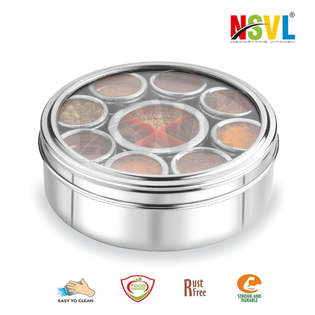 Nsvl Stainless Steel 12 IN 1 Masala Box for Kitchen | Masala Container | Spice Box for Kitchen | Masala Dabba/Masala Spice Box with See through lid 4 Spoons | Silver (2.5 Ltr / 22.5cm)