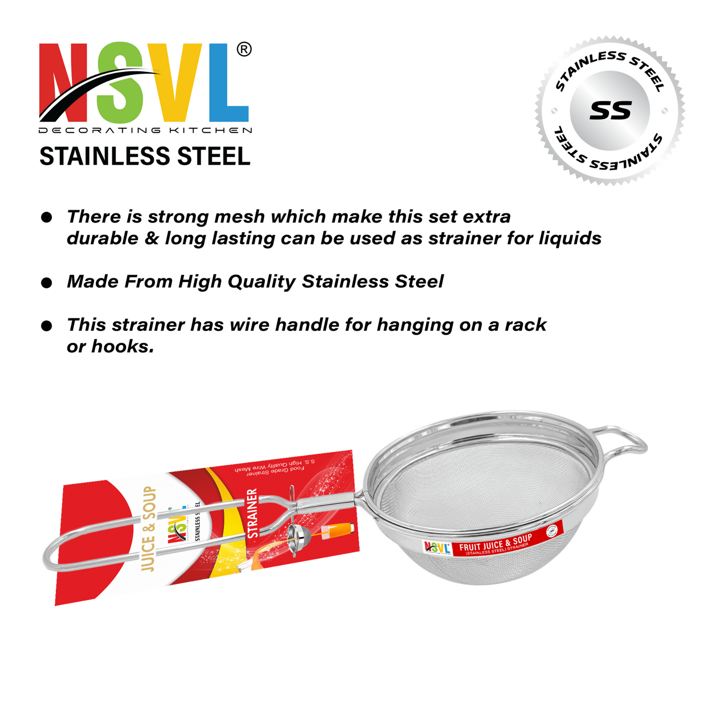 NSVL Stainless Steel Soup & Juice Strainer/Liquid Filter for Kitchen Use, Large Soup Chalni with Handle, Rice & Juice Use