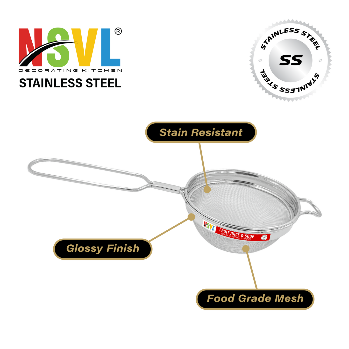 NSVL Stainless Steel Soup & Juice Strainer/Liquid Filter for Kitchen Use, Large Soup Chalni with Handle, Rice & Juice Use
