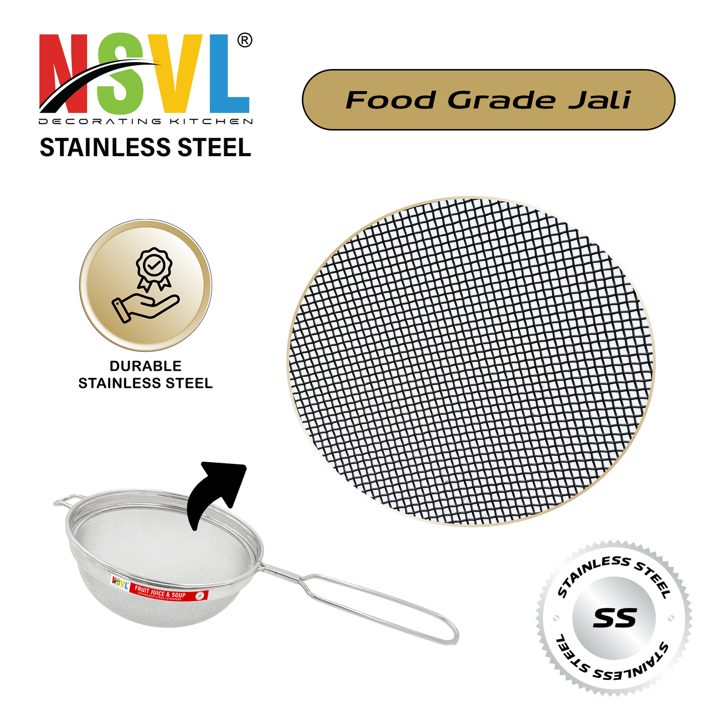 NSVL Stainless Steel Soup & Juice Strainer/Liquid Filter for Kitchen Use, Large Soup Chalni with Handle, Rice & Juice Use