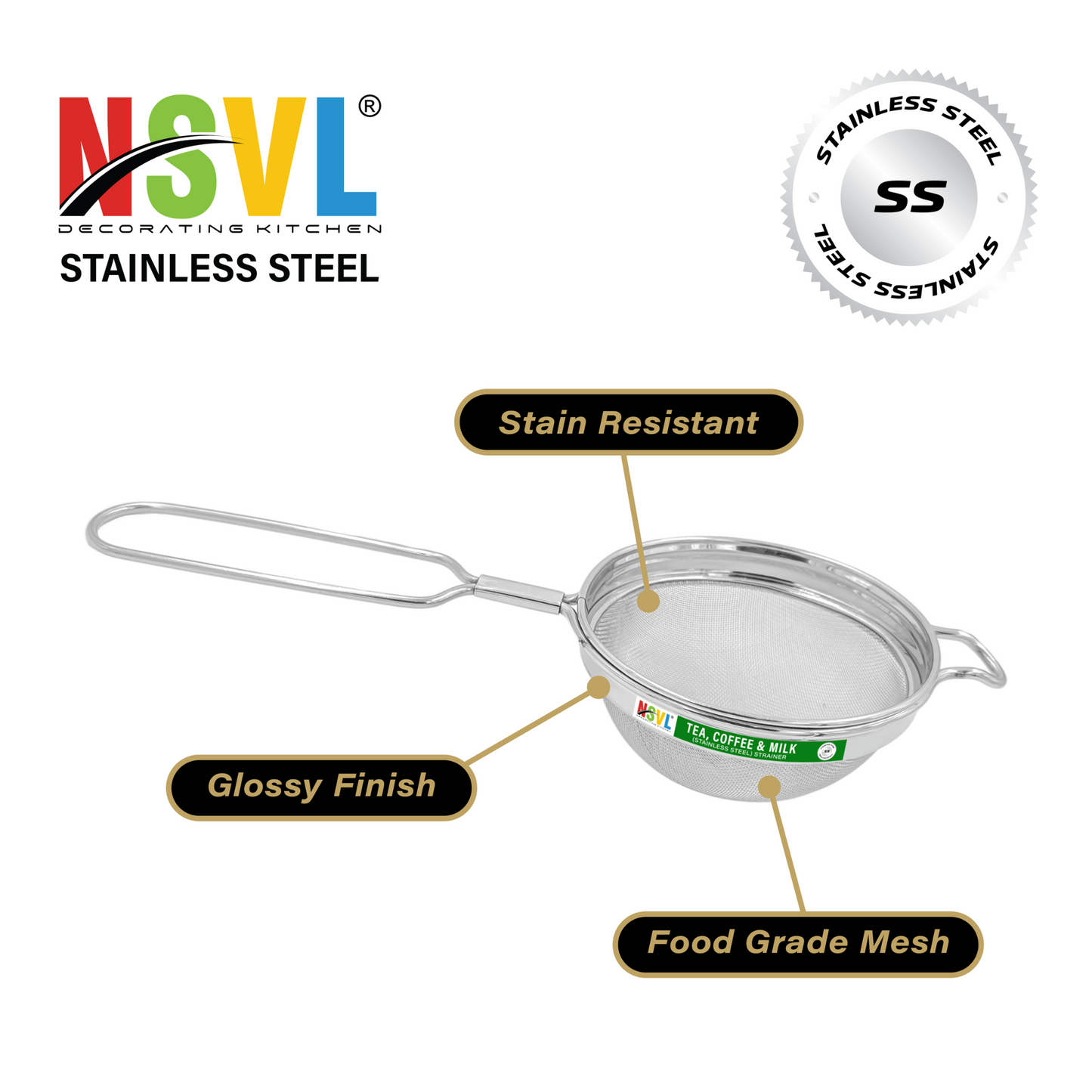 NSVL Stainless Steel Tea & Coffee Strainer/Liquid Filter for Kitchen Use, Large Tea Chalni with Handle, Tea & Coffee Use