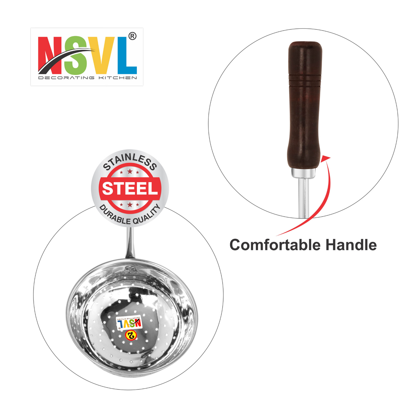NSVL Stainless Steel Poha Jhara / Poha Strainer , Steel Food Strainer , Boondi strainer Silver (Exclusive Black Handle)