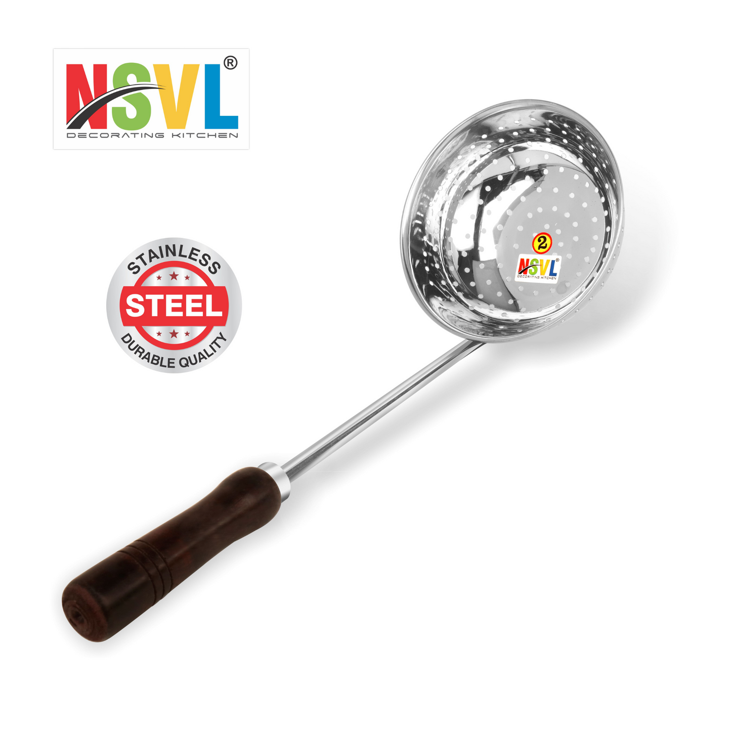 NSVL Stainless Steel Poha Jhara / Poha Strainer , Steel Food Strainer , Boondi strainer Silver (Exclusive Black Handle)