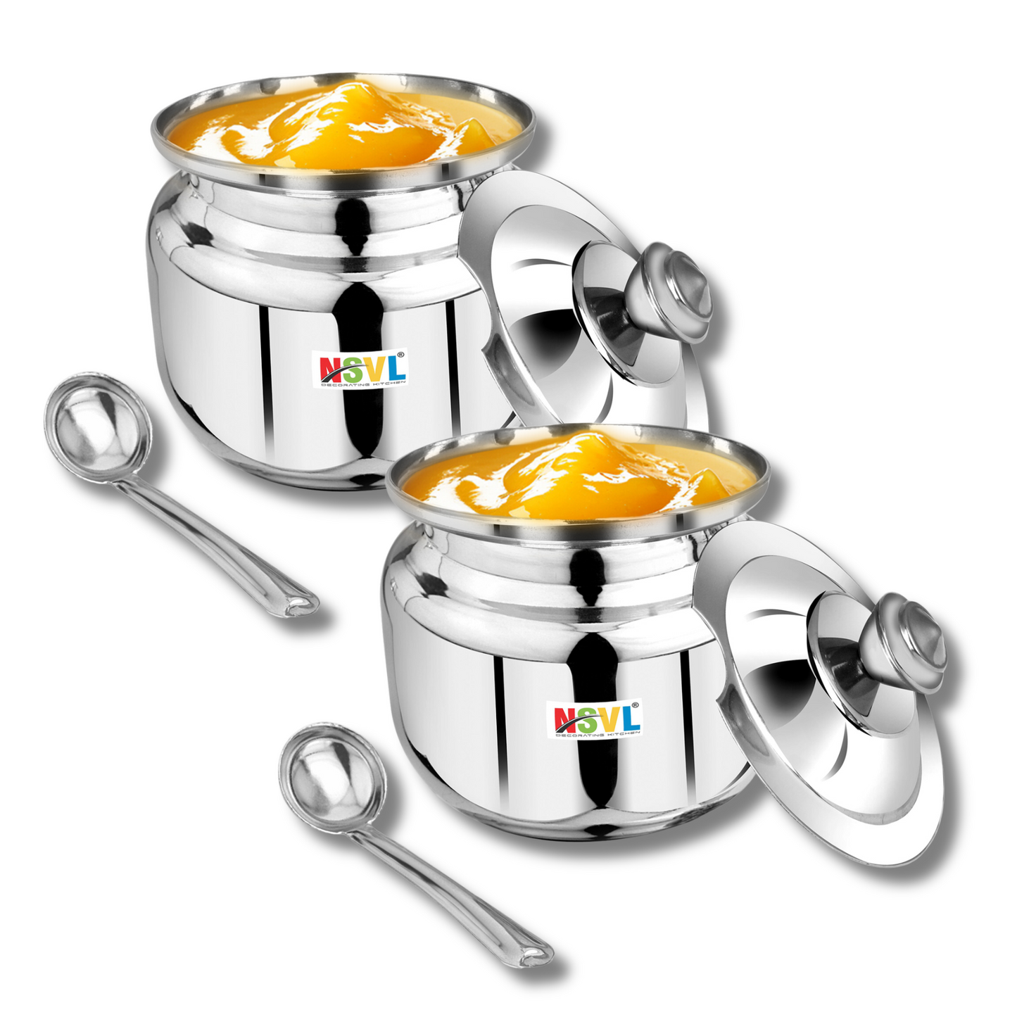 Nsvl Stainless Steel Multipurpose Ghee Pot/Pickle Container, 310 ml, With Spoon,(Round Design)
