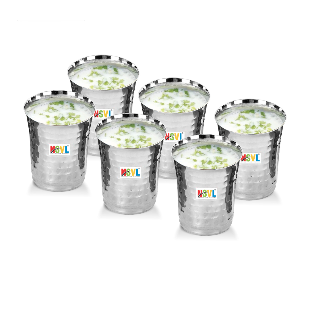 NSVL Stainless Steel Hammered Finish Design Heavy Gauge Drinking Glass/Glossy Finish Design Glass for Water, Milk, Juice, Soft Drinks
