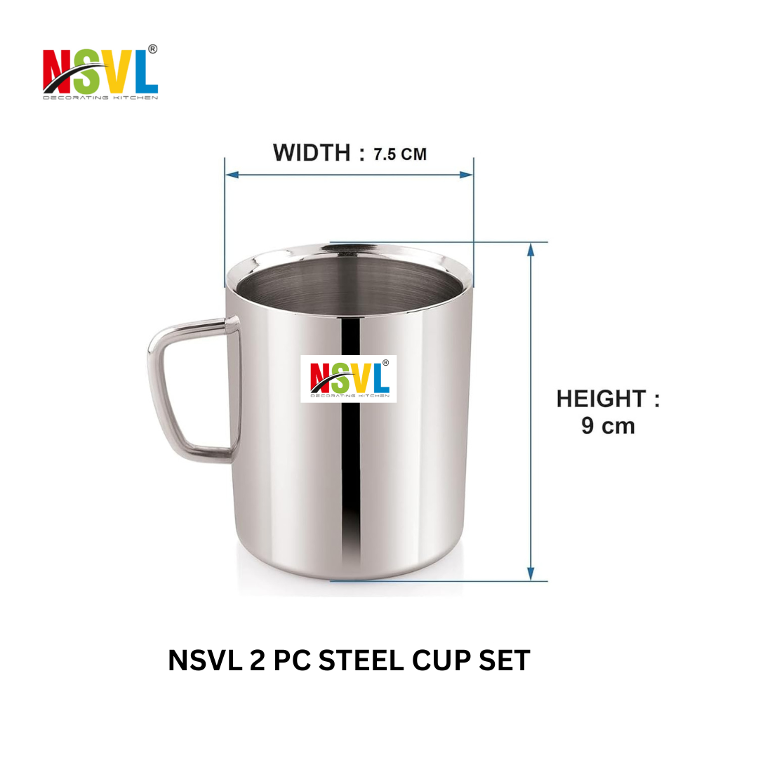 NSVL Stainless Steel Premium Double Wall Coffee Mug, Set of 2 (250ML Each) | Tea Cup with Handle and Flat Base