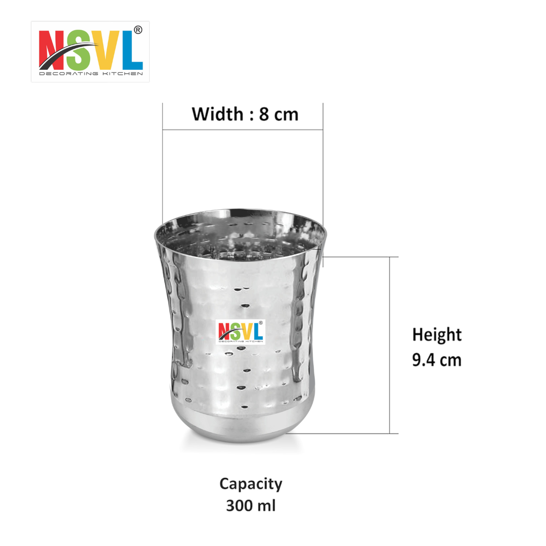 NSVL Stainless Steel Hammered Finish Belly Design Heavy Gauge Drinking Glass/Glossy Finish Design Glass for Water, Milk, Juice, Soft Drinks