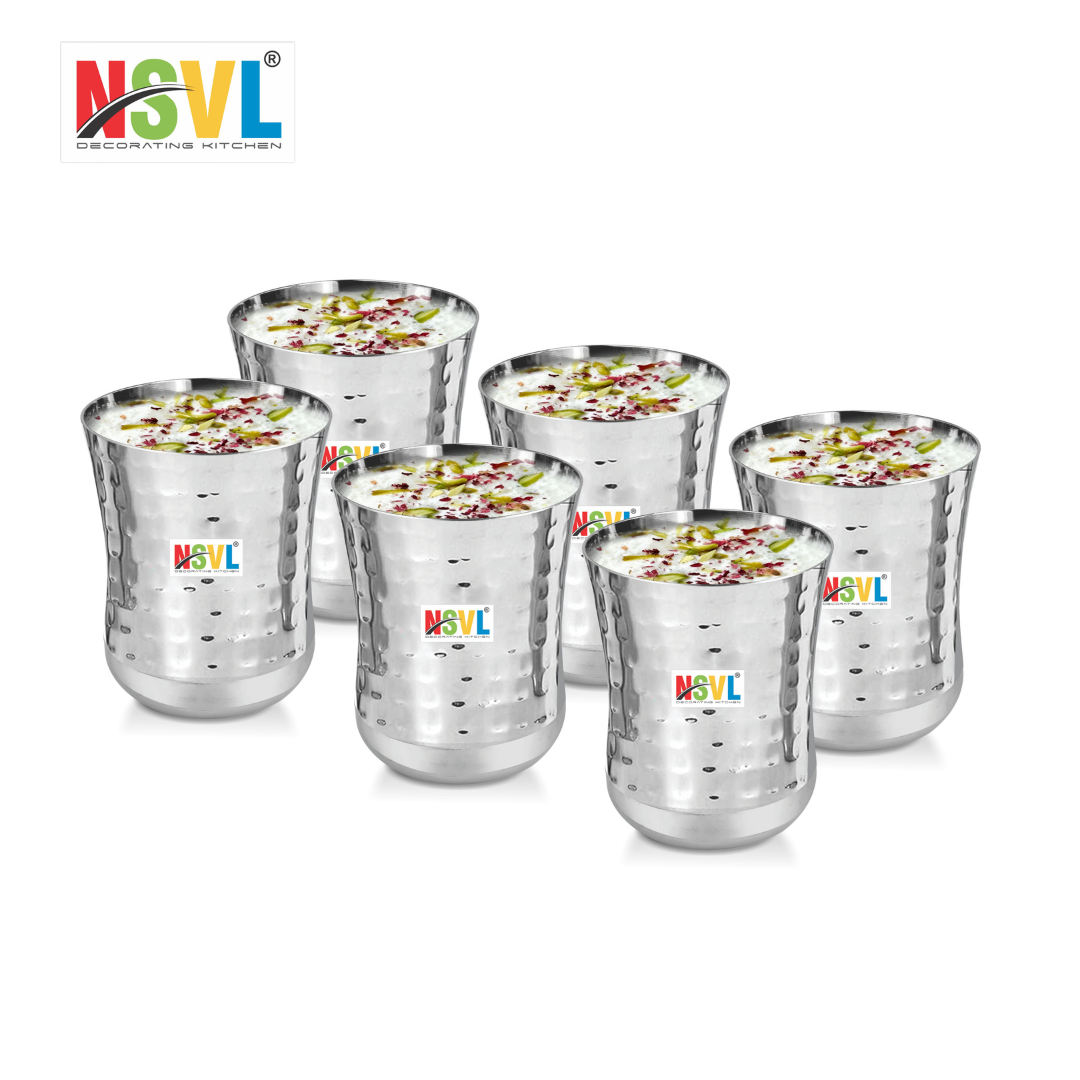 NSVL Stainless Steel Hammered Finish Belly Design Heavy Gauge Drinking Glass/Glossy Finish Design Glass for Water, Milk, Juice, Soft Drinks
