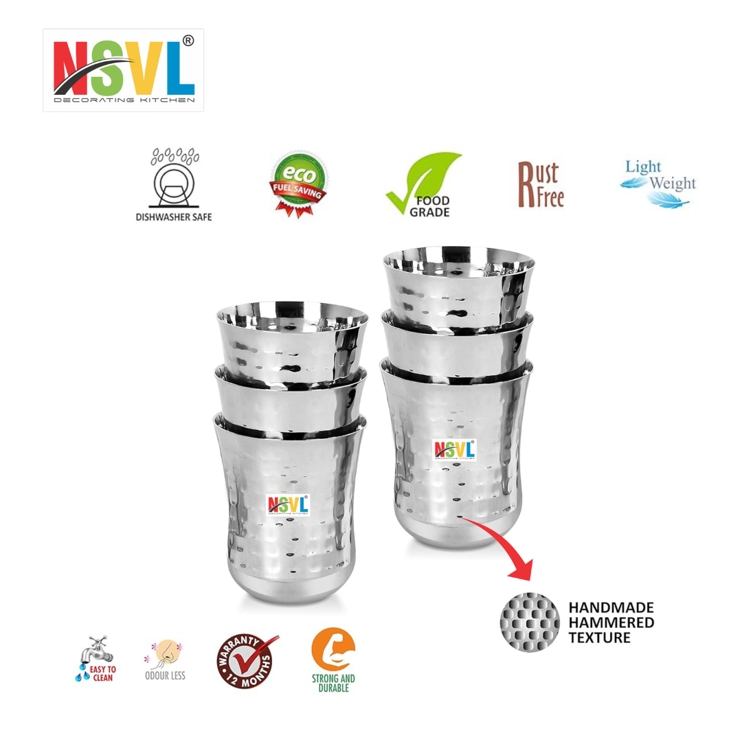 NSVL Stainless Steel Hammered Finish Belly Design Heavy Gauge Drinking Glass/Glossy Finish Design Glass for Water, Milk, Juice, Soft Drinks