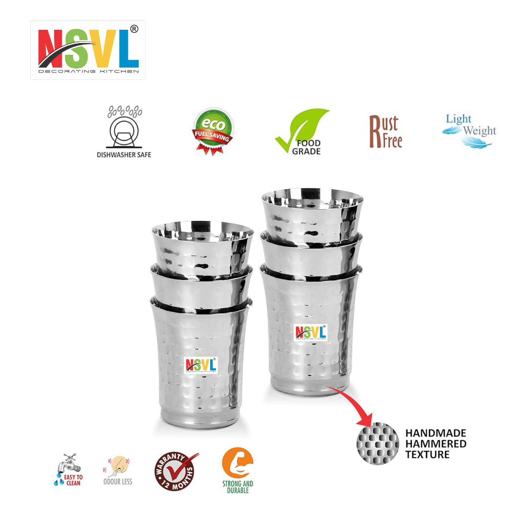 NSVL Stainless Steel Hammered Finish Design Heavy Gauge Drinking Glass/Glossy Finish Design Glass for Water, Milk, Juice, Soft Drinks