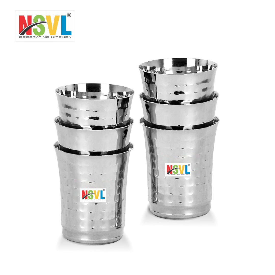 NSVL Stainless Steel Hammered Finish Design Heavy Gauge Drinking Glass/Glossy Finish Design Glass for Water, Milk, Juice, Soft Drinks