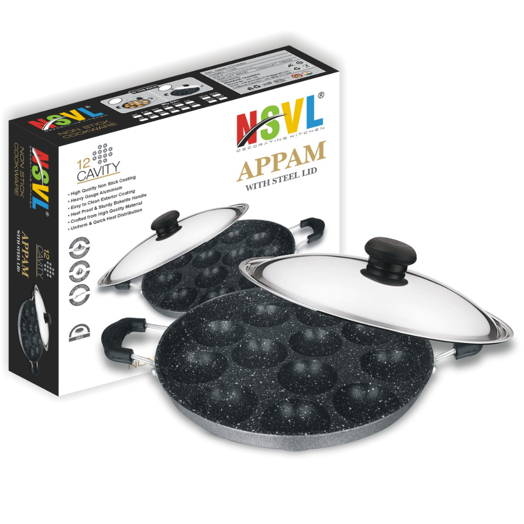 Nsvl Heavy-BASE Non-Stick 12 Cavity Appam Patra with Steel Lid | Appam Maker | Appam Patra | Appam pan | Litti Maker | Appe Stand