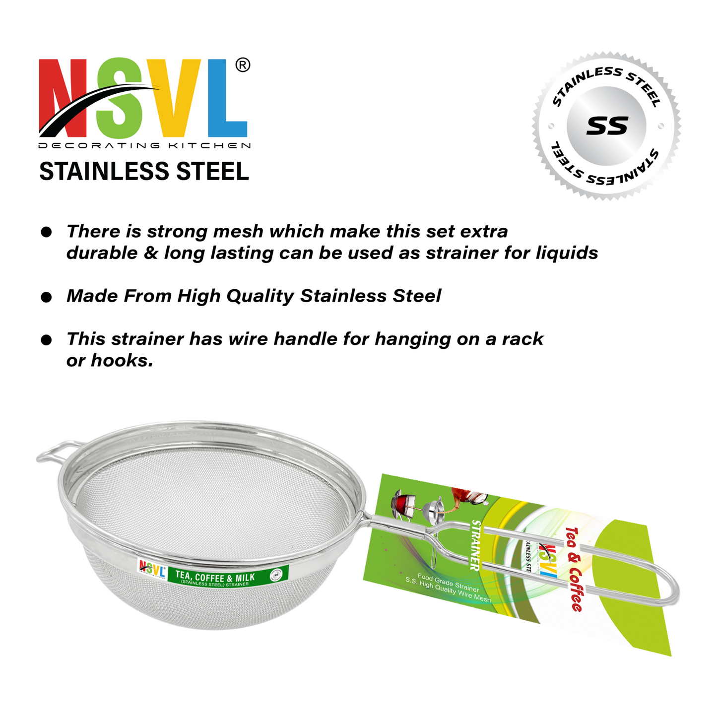 NSVL Stainless Steel Tea & Coffee Strainer/Liquid Filter for Kitchen Use, Large Tea Chalni with Handle, Tea & Coffee Use