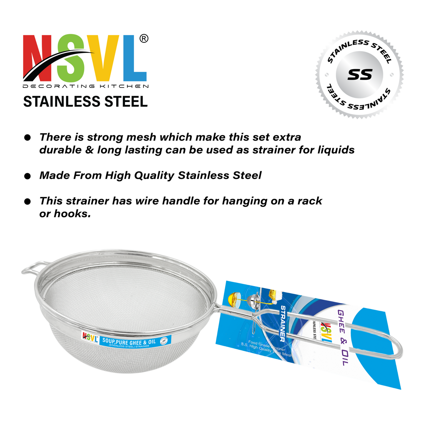 NSVL Stainless Steel Oil & Ghee Strainer/Liquid Filter for Kitchen Use, Large Oil Chalni with Handle, Rice & Juice Use