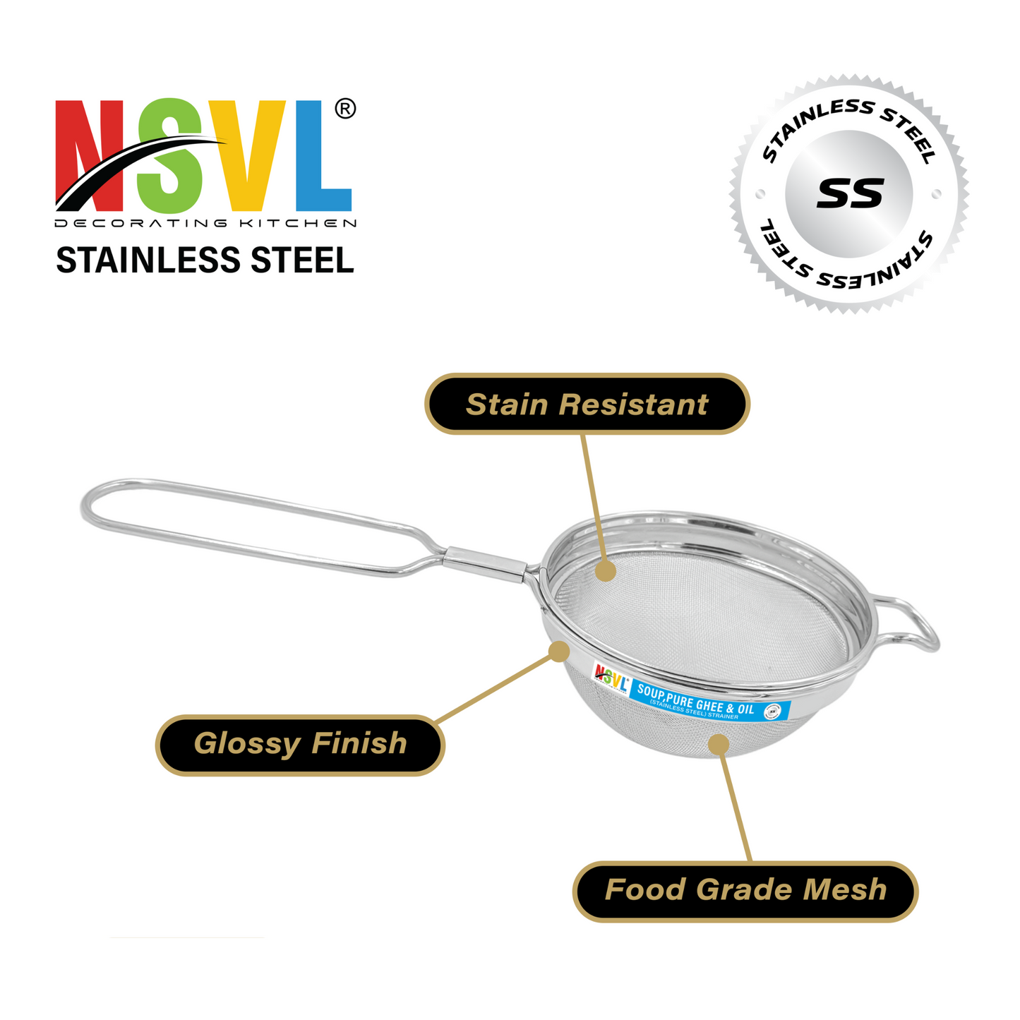 NSVL Stainless Steel Oil & Ghee Strainer/Liquid Filter for Kitchen Use, Large Oil Chalni with Handle, Rice & Juice Use