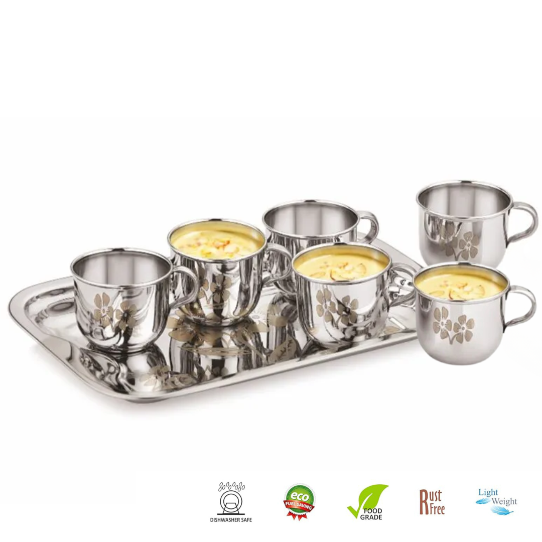 Pack of 7 Stainless Steel Stainless Steel Tea & Coffee Set (6 PCs Cups with Tray) 130ml (Silver)