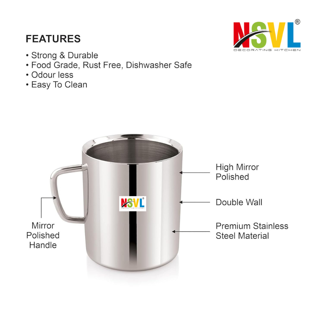 NSVL Stainless Steel Premium Double Wall Coffee Mug, Set of 2 (250ML Each) | Tea Cup with Handle and Flat Base