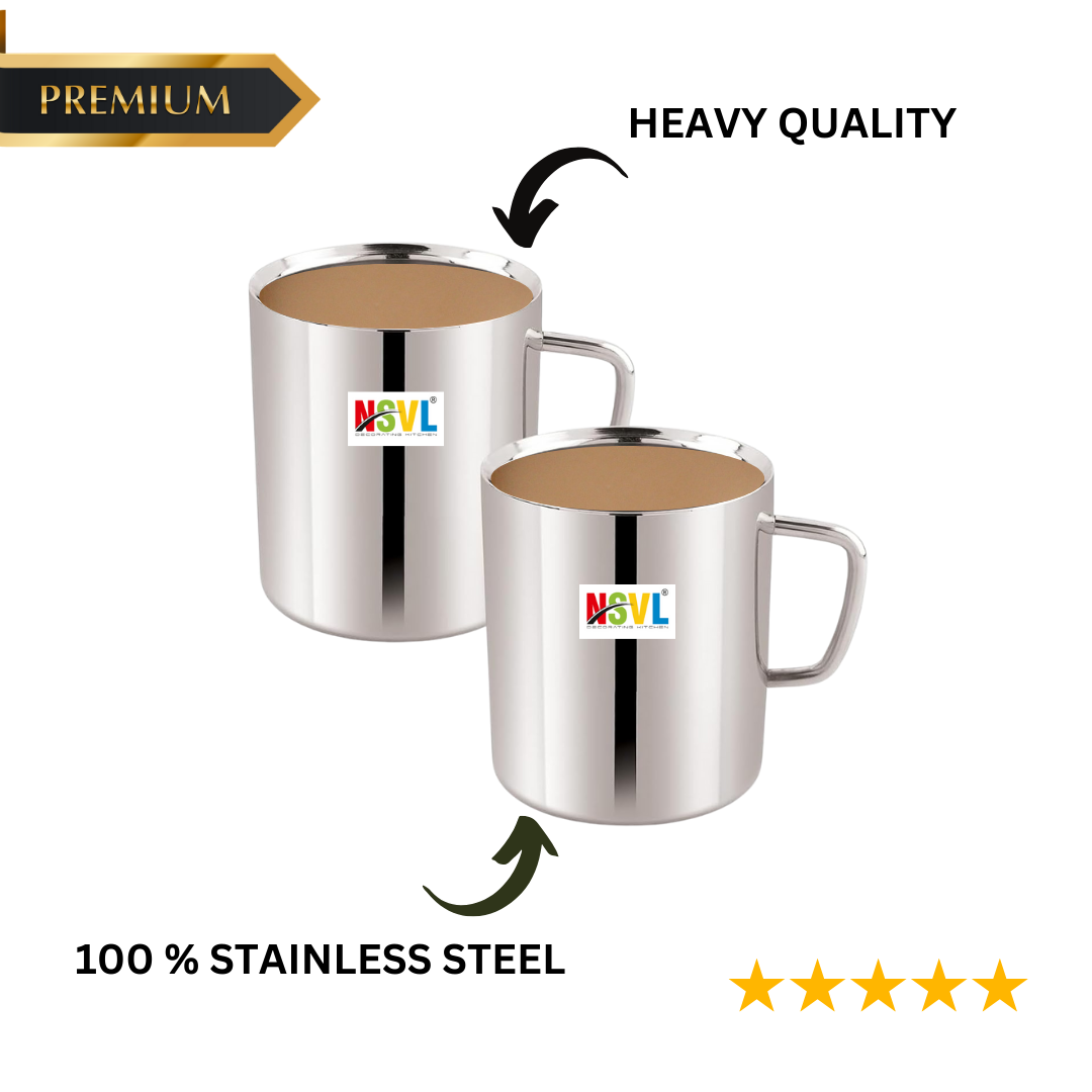 NSVL Stainless Steel Premium Double Wall Coffee Mug, Set of 2 (250ML Each) | Tea Cup with Handle and Flat Base