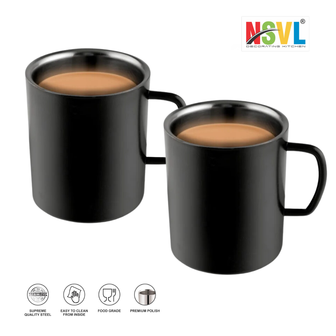 NSVL Black Coated Premium Double Wall Coffee Mug, Set of 2 (250ML Each)| Tea Cup with Handle and Flat Base