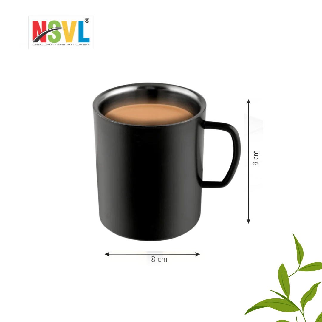 NSVL Black Coated Premium Double Wall Coffee Mug, Set of 2 (250ML Each)| Tea Cup with Handle and Flat Base