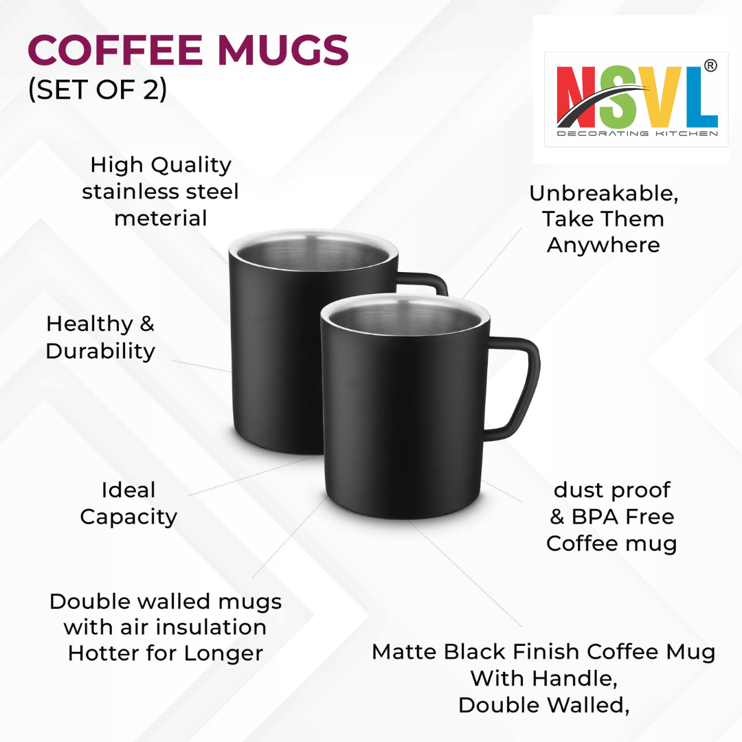 NSVL Black Coated Premium Double Wall Coffee Mug, Set of 2 (250ML Each)| Tea Cup with Handle and Flat Base
