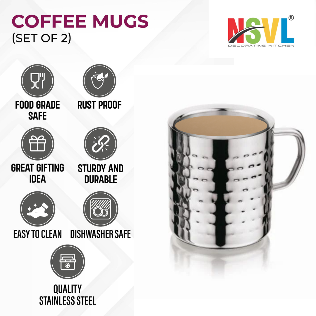 NSVL Hammered Design Premium Double Wall Coffee Mug, Set of 2 (250ML Each) | Tea Cup with Handle and Flat Base