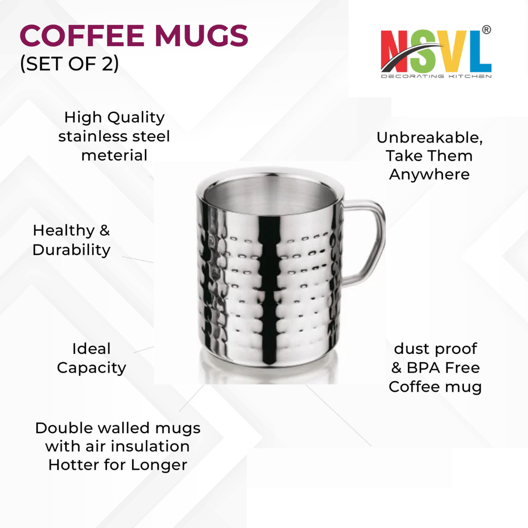 NSVL Hammered Design Premium Double Wall Coffee Mug, Set of 2 (250ML Each) | Tea Cup with Handle and Flat Base