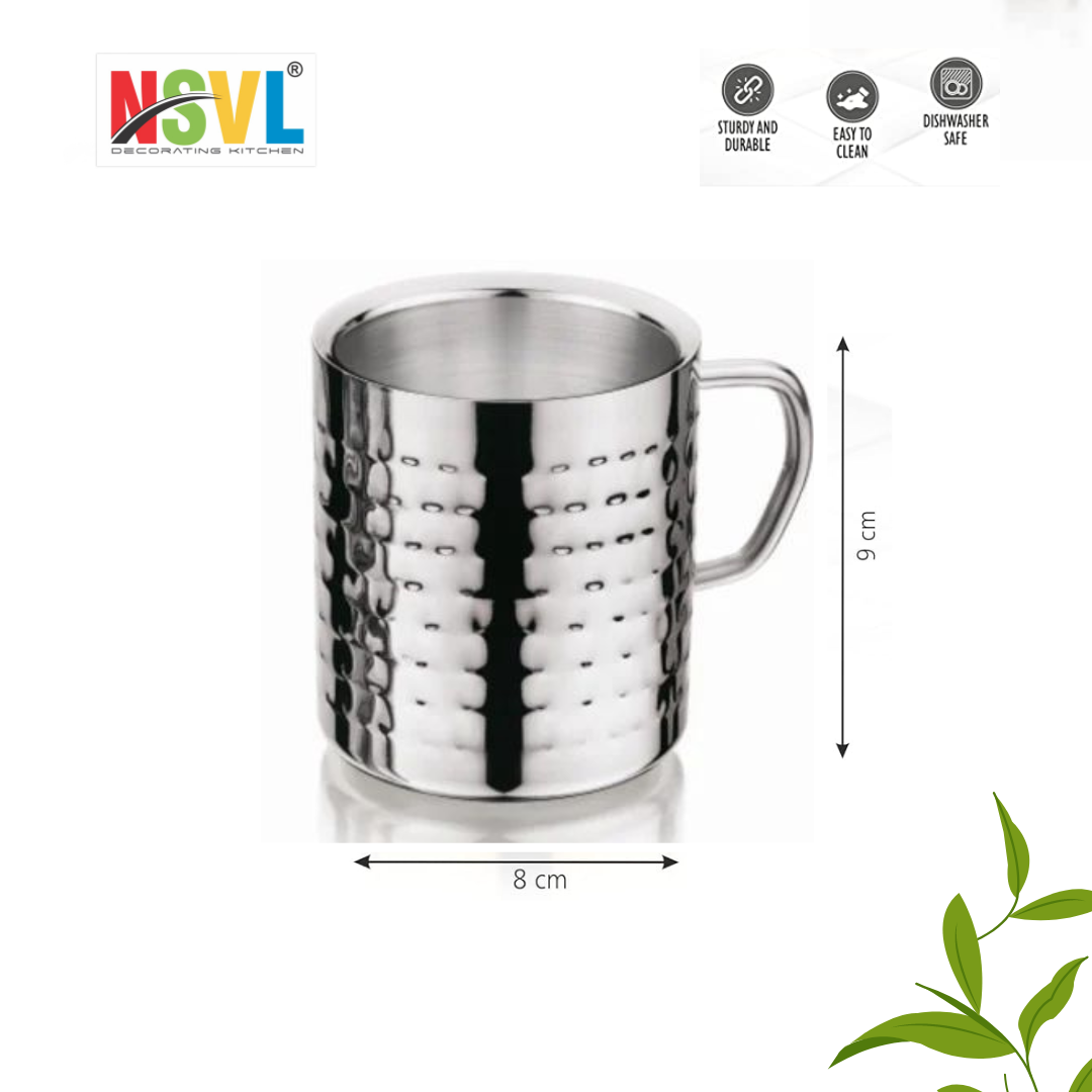 NSVL Hammered Design Premium Double Wall Coffee Mug, Set of 2 (250ML Each) | Tea Cup with Handle and Flat Base