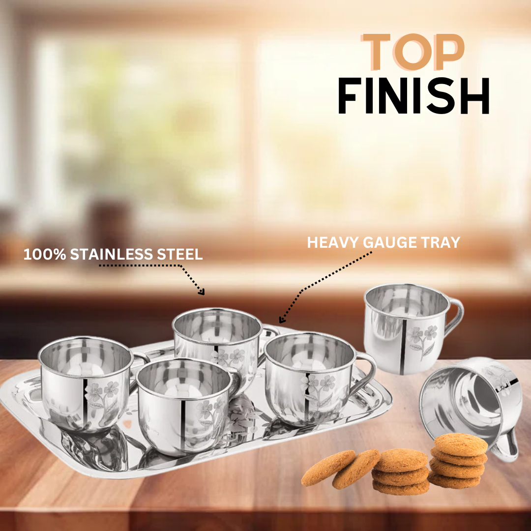Pack of 7 Stainless Steel Stainless Steel Tea & Coffee Set (6 PCs Cups with Tray) 130ml (Silver)