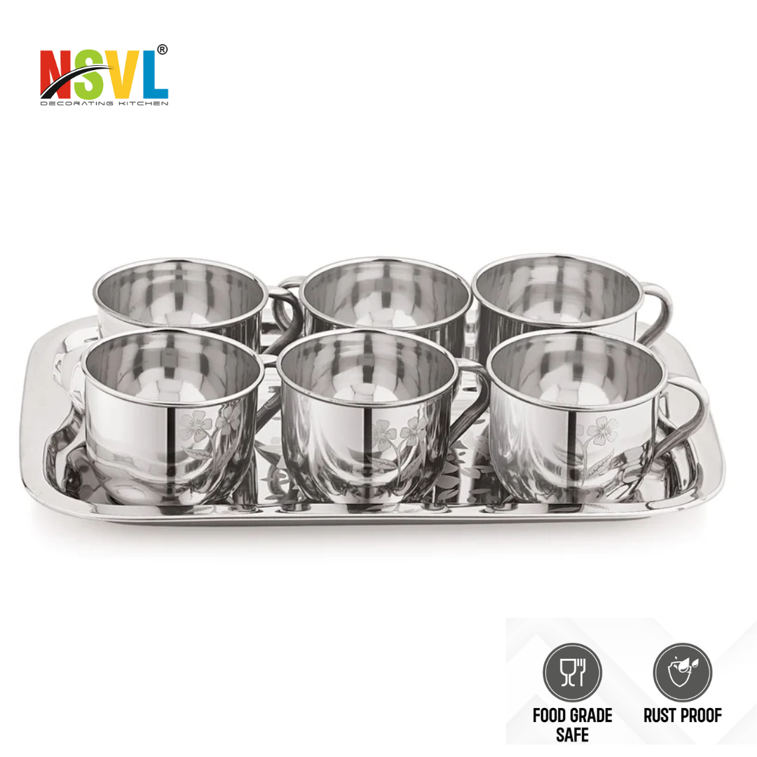 Pack of 7 Stainless Steel Stainless Steel Tea & Coffee Set (6 PCs Cups with Tray) 130ml (Silver)