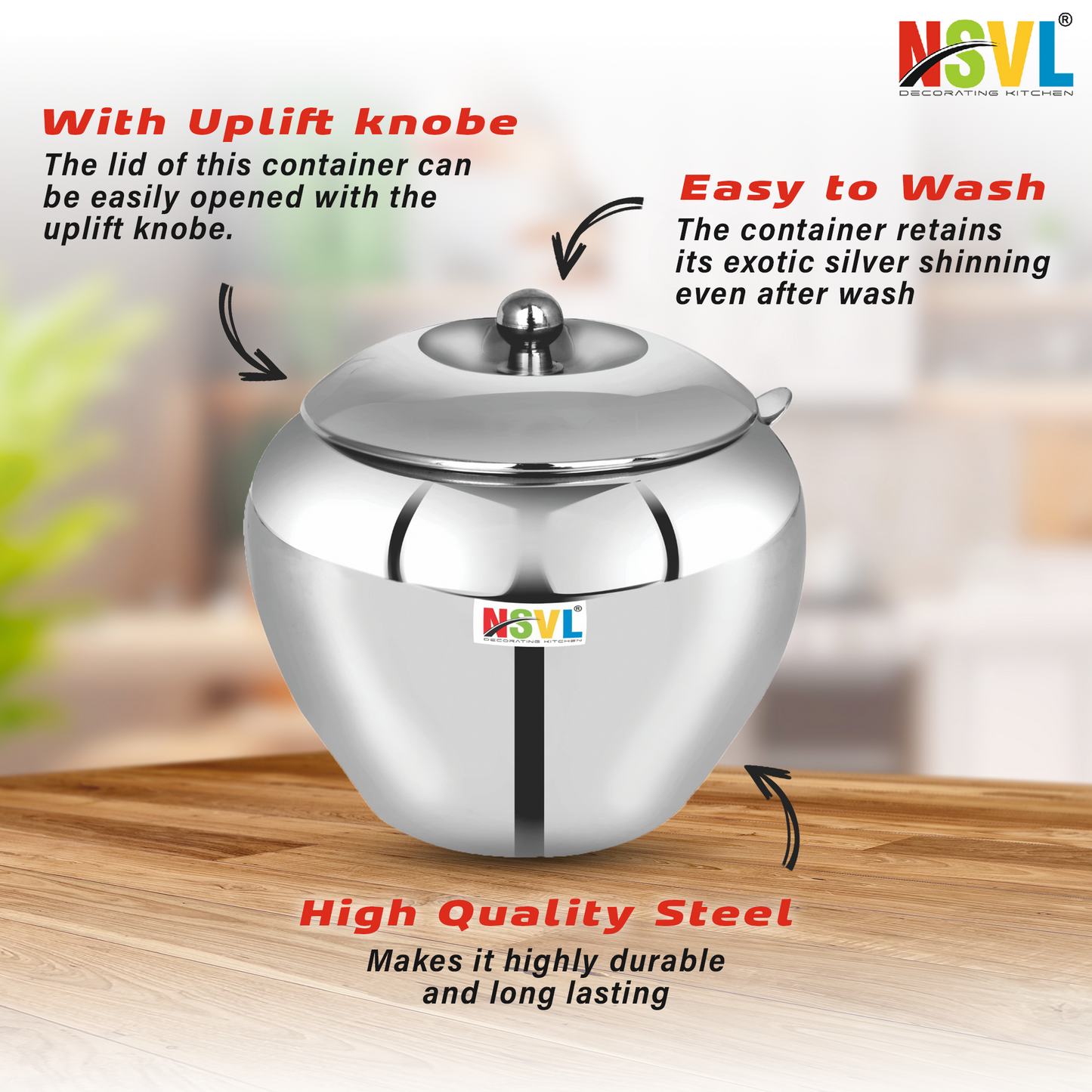Nsvl Stainless Steel Multipurpose Ghee Pot/Pickle Container, 310 ml, With Spoon,(Apple design)
