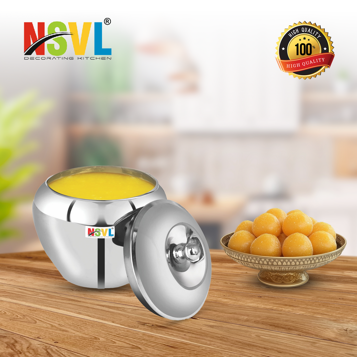 Nsvl Stainless Steel Multipurpose Ghee Pot/Pickle Container, 310 ml, With Spoon,(Apple design)