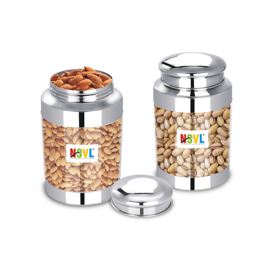 NSVL Stainless Steel Barni See Through Airtight Containers For Masala Box, Dry Fruit Jars, Kitchen Container, Storage Box, 800 Ml - Set Of 2, Silver
