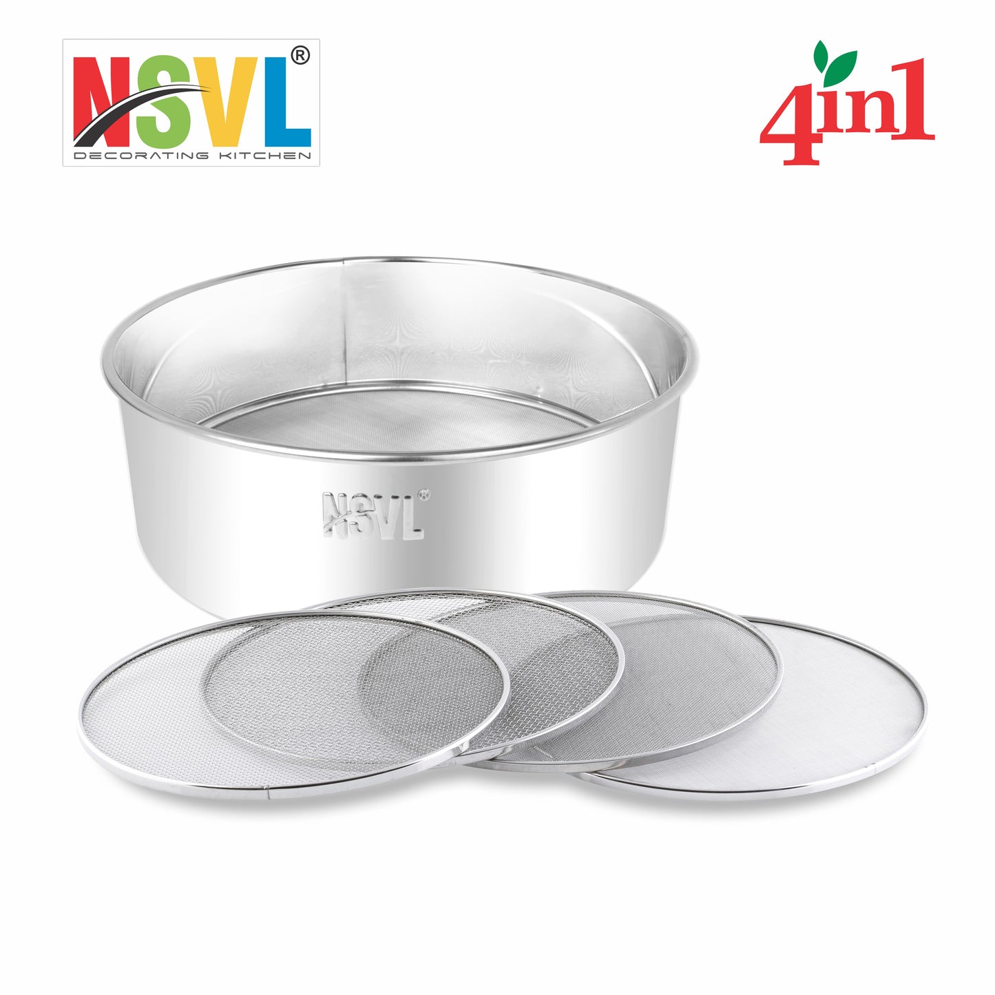 NSVL Heavy 4 in 1 Stainless Steel Interchangeable Sieve Set of 5 Flour Chalni Spices Food Strainers Atta Chalni Atta Maida Strainer