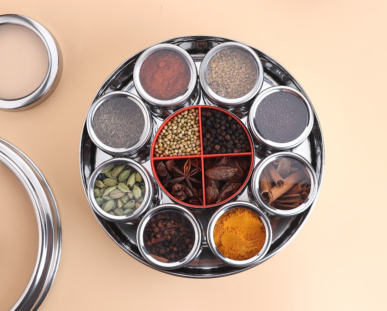 Nsvl Stainless Steel 12 IN 1 Masala Box for Kitchen | Masala Container | Spice Box for Kitchen | Masala Dabba/Masala Spice Box with See through lid 4 Spoons | Silver (2.5 Ltr / 22.5cm)