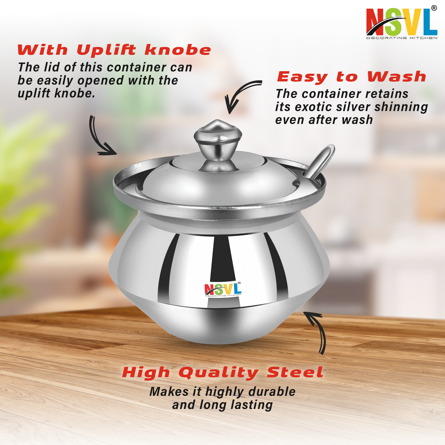 Nsvl Stainless Steel Multipurpose Ghee Pot/Pickle Container, 310 ml, With Spoon,(Diamond Design)