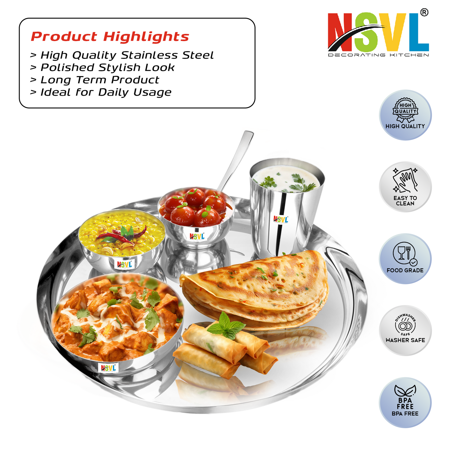NSVL Stainless Steel Dinner Set of 6 Pieces (1 Set)|Premium Luxury Thali Set | Dinner Set Combo