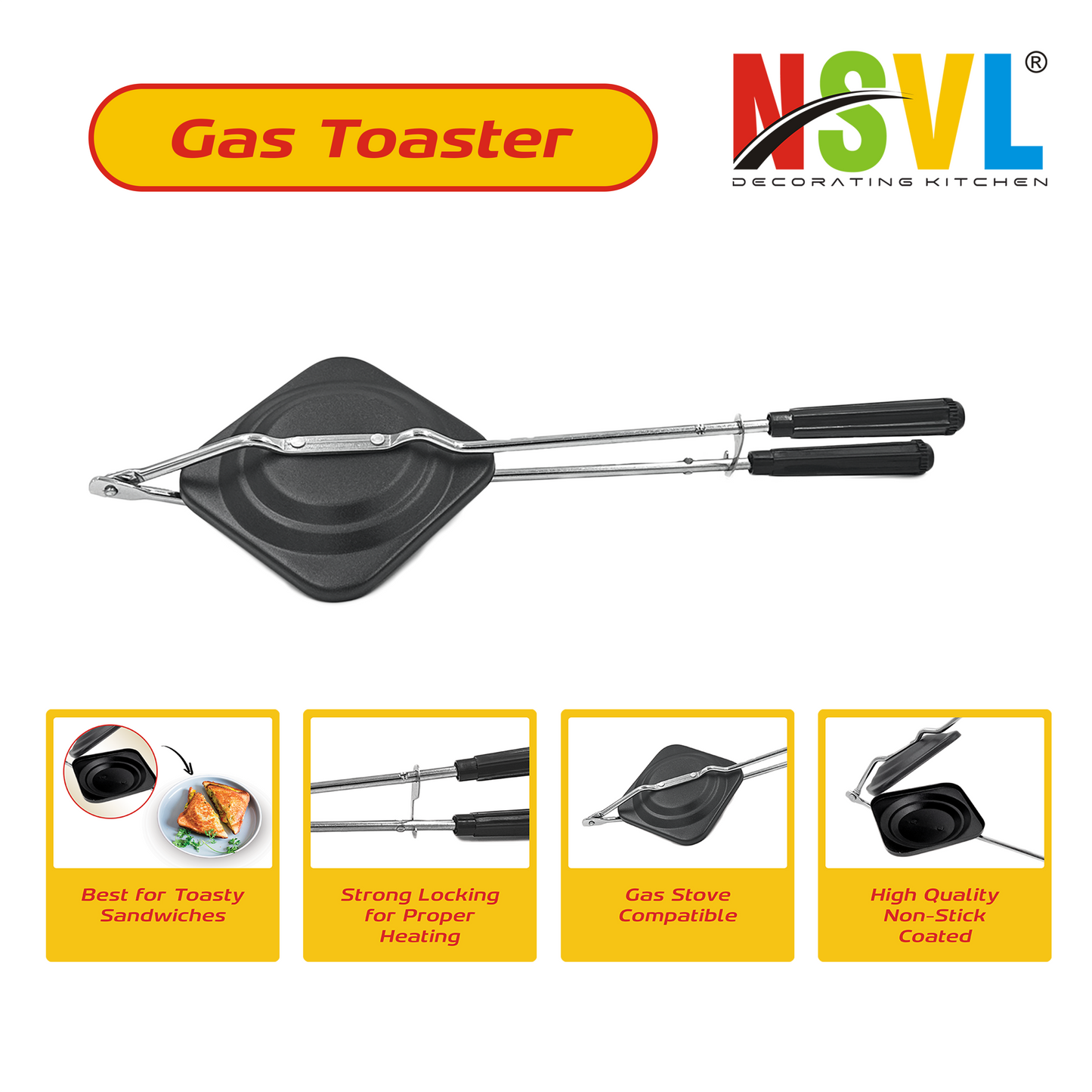 NSVL Black Non-Stick Coated Gas Stove Compatible Hand Toaster Sandwich Maker (Black, Aluminium) (Black Toaster)