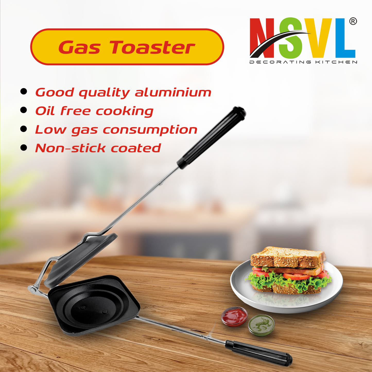 NSVL Black Non-Stick Coated Gas Stove Compatible Hand Toaster Sandwich Maker (Black, Aluminium) (Black Toaster)