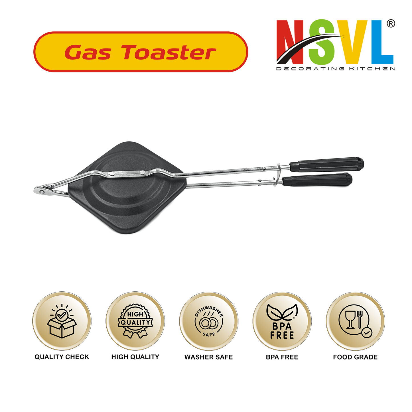 NSVL Black Non-Stick Coated Gas Stove Compatible Hand Toaster Sandwich Maker (Black, Aluminium) (Black Toaster)