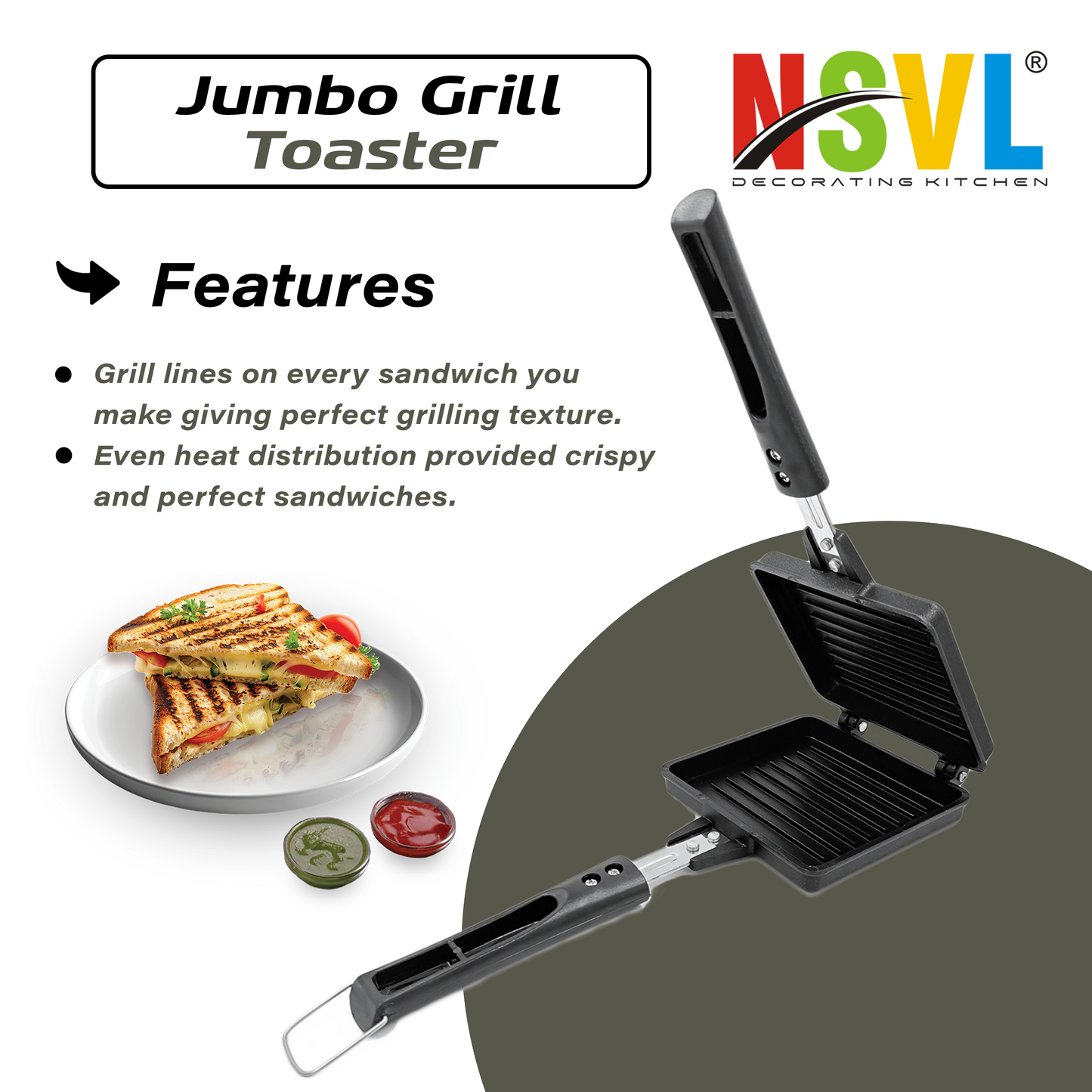 NSVL Non-stick Jumbo Grill Gas Toaster Premium Big Bread Toaster, Sandwich Maker Griller with bakelite Handles and Spatter, Gas Stove Toaster(Aluminium, Black)