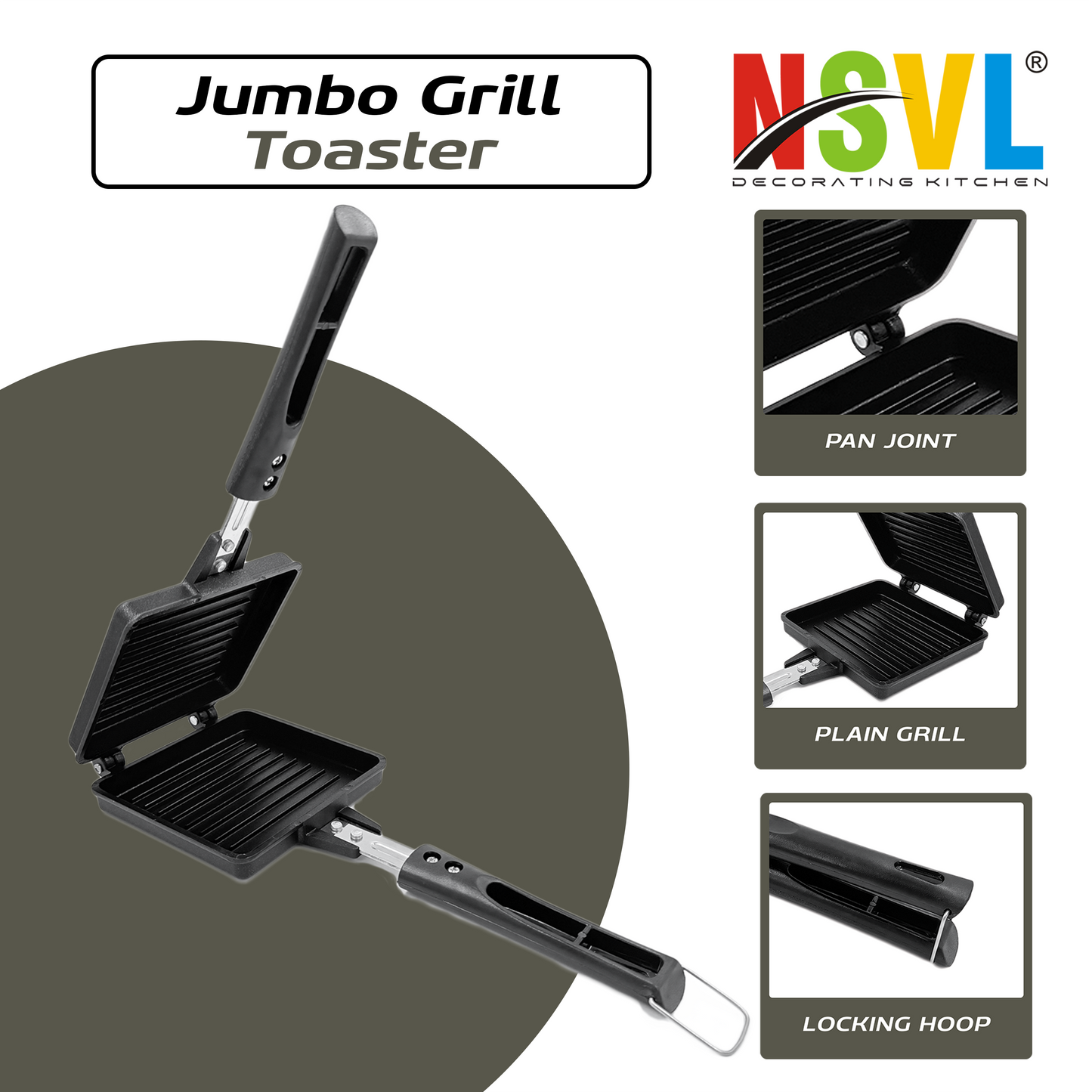 NSVL Non-stick Jumbo Grill Gas Toaster Premium Big Bread Toaster, Sandwich Maker Griller with bakelite Handles and Spatter, Gas Stove Toaster(Aluminium, Black)