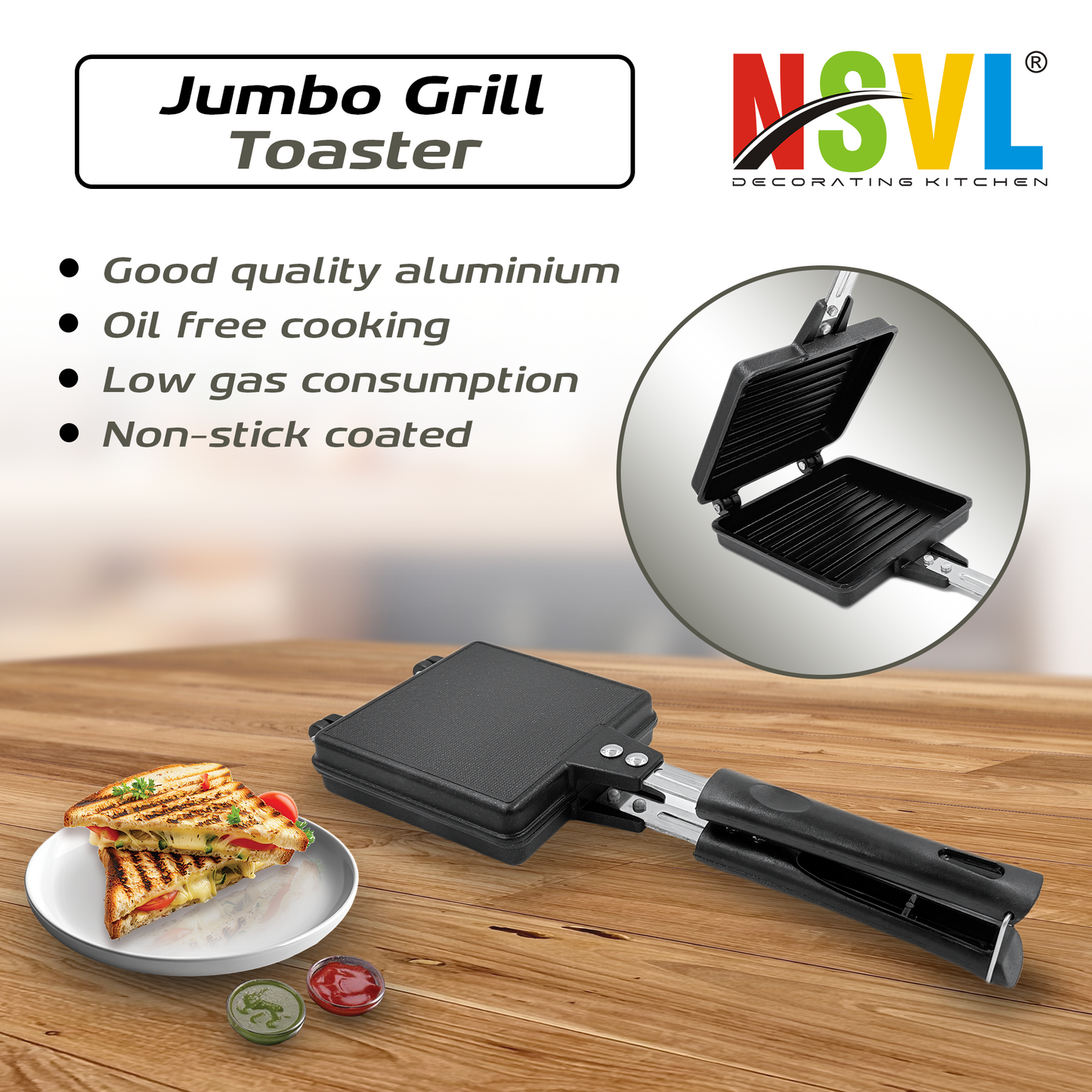 NSVL Non-stick Jumbo Grill Gas Toaster Premium Big Bread Toaster, Sandwich Maker Griller with bakelite Handles and Spatter, Gas Stove Toaster(Aluminium, Black)