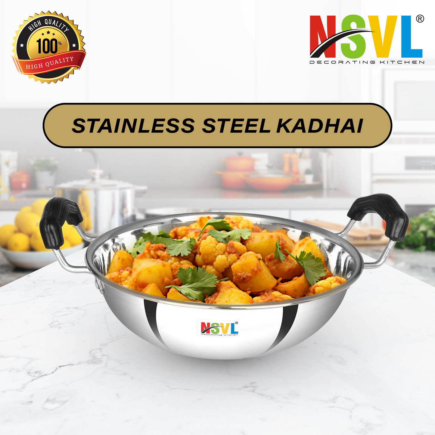 Nsvl Stainless Steel Induction Bottom (flat Bottom) Induction & Gas Stove Friendly Kadhai Size No.12 (2 Ltr)