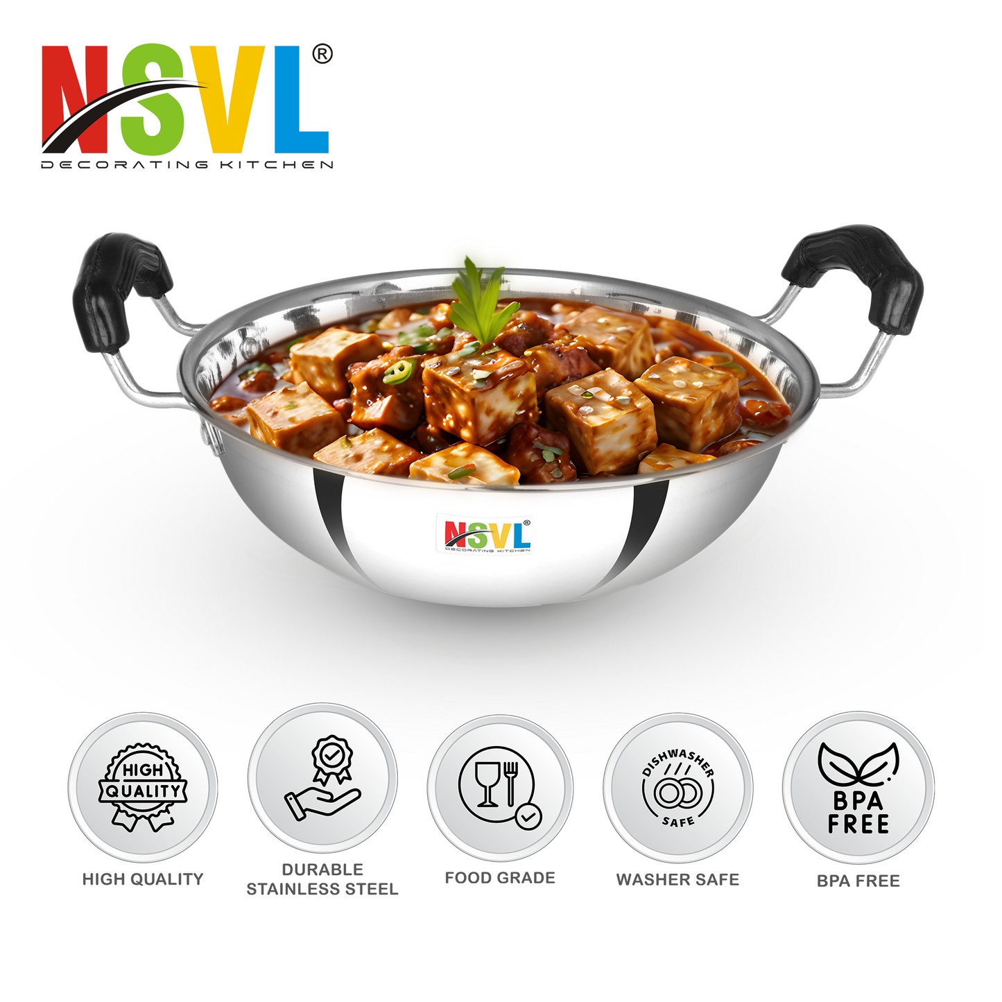 Nsvl Stainless Steel Induction Bottom (flat Bottom) Induction & Gas Stove Friendly Kadhai Size No.12 (2 Ltr)
