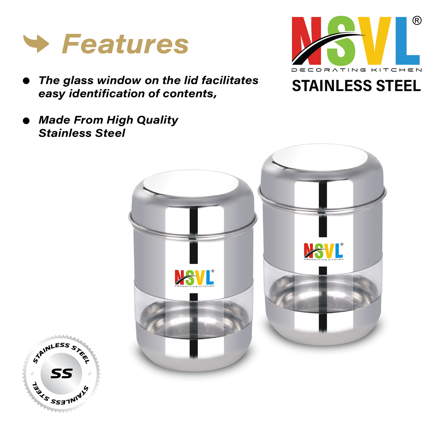 NSVL Stainless Steel Milano See Through Airtight Containers For Masala Box, Dry Fruit Jars, Kitchen Container, Storage Box, 800 Ml - Set Of 2, Silver