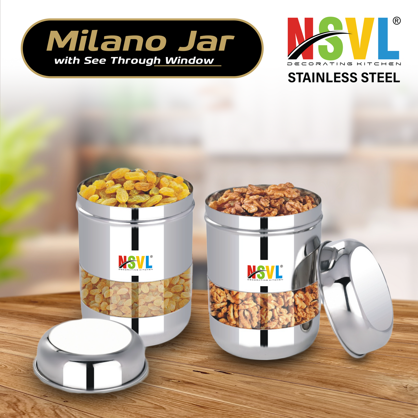 NSVL Stainless Steel Milano See Through Airtight Containers For Masala Box, Dry Fruit Jars, Kitchen Container, Storage Box, 800 Ml - Set Of 2, Silver