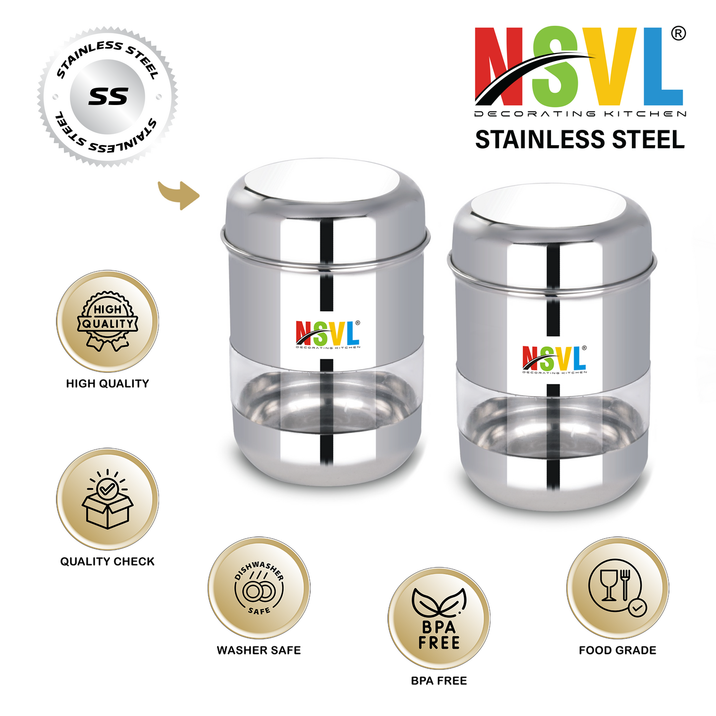 NSVL Stainless Steel Milano See Through Airtight Containers For Masala Box, Dry Fruit Jars, Kitchen Container, Storage Box, 800 Ml - Set Of 2, Silver
