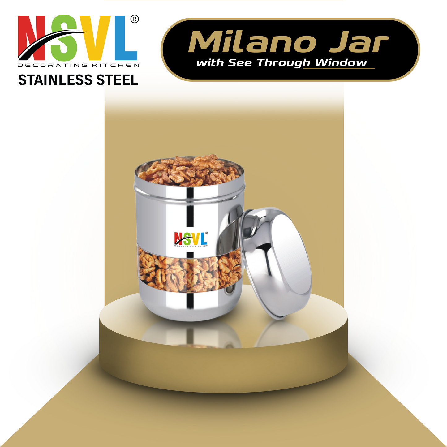 NSVL Stainless Steel Milano See Through Airtight Containers For Masala Box, Dry Fruit Jars, Kitchen Container, Storage Box, 800 Ml - Set Of 2, Silver