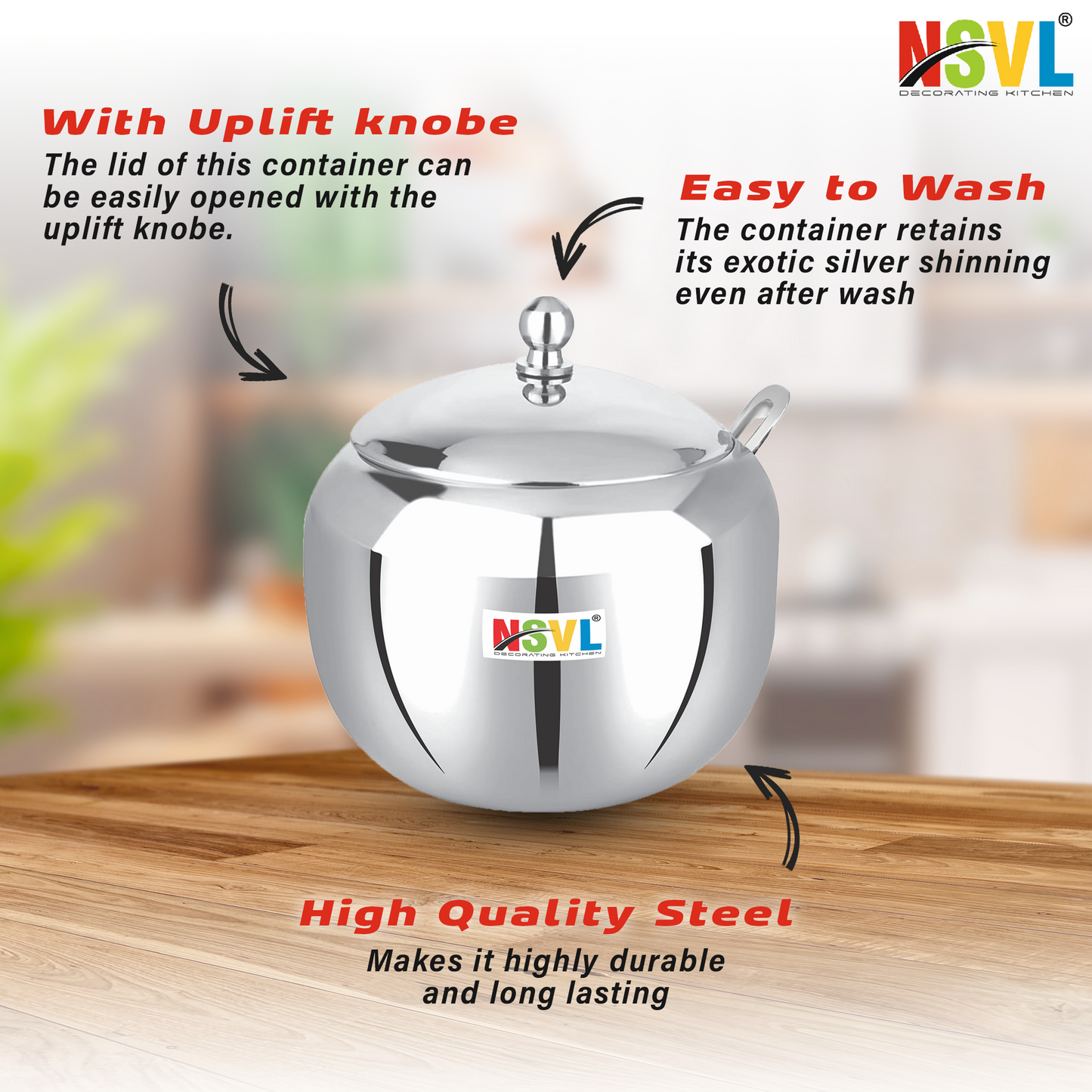Nsvl Stainless Steel Multipurpose Ghee Pot/Pickle Container, 310 ml, With Spoon,(Orange Design)
